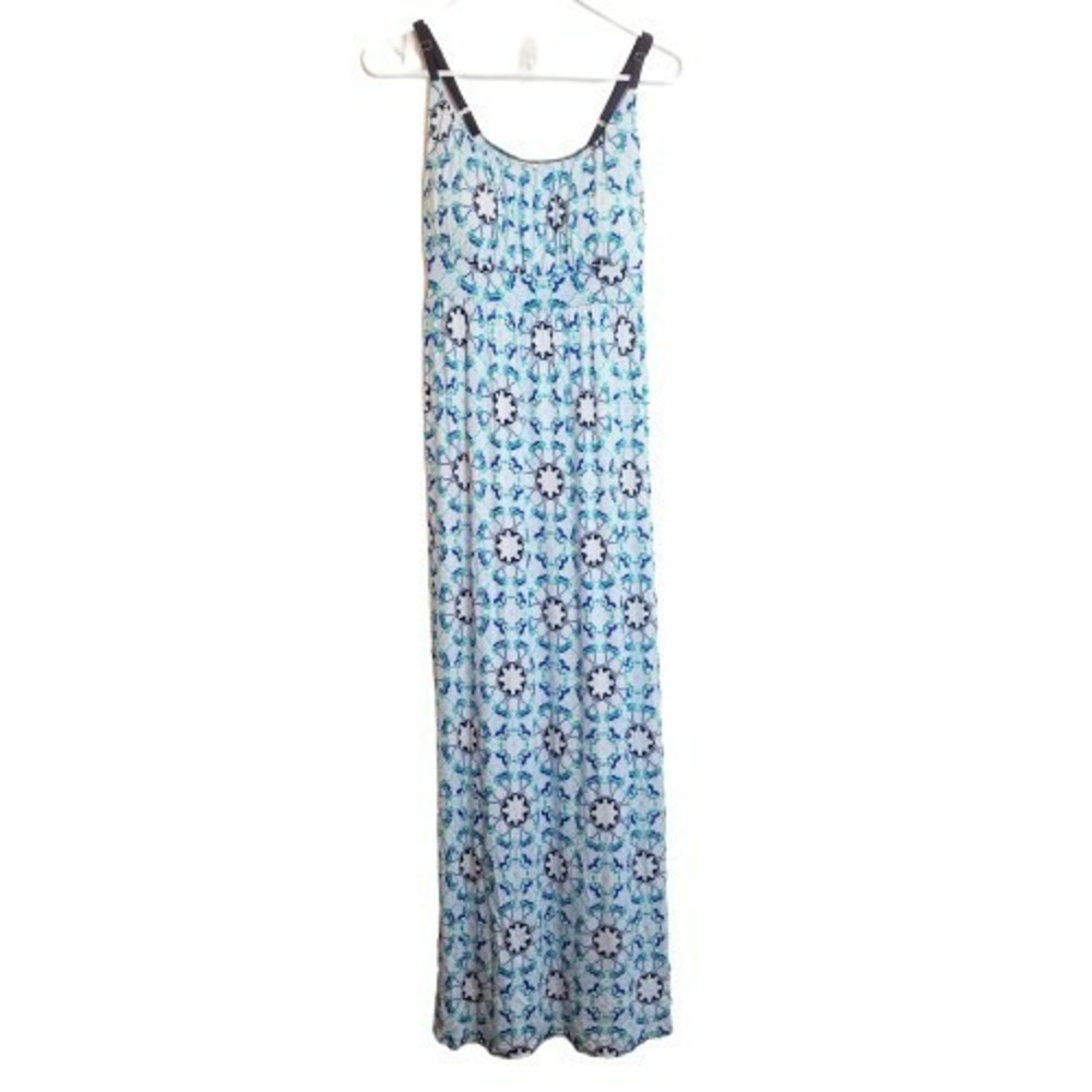 Allison Brittney Women Blue Geometric Medallion Maxi Dress L Boho Sleeveless New